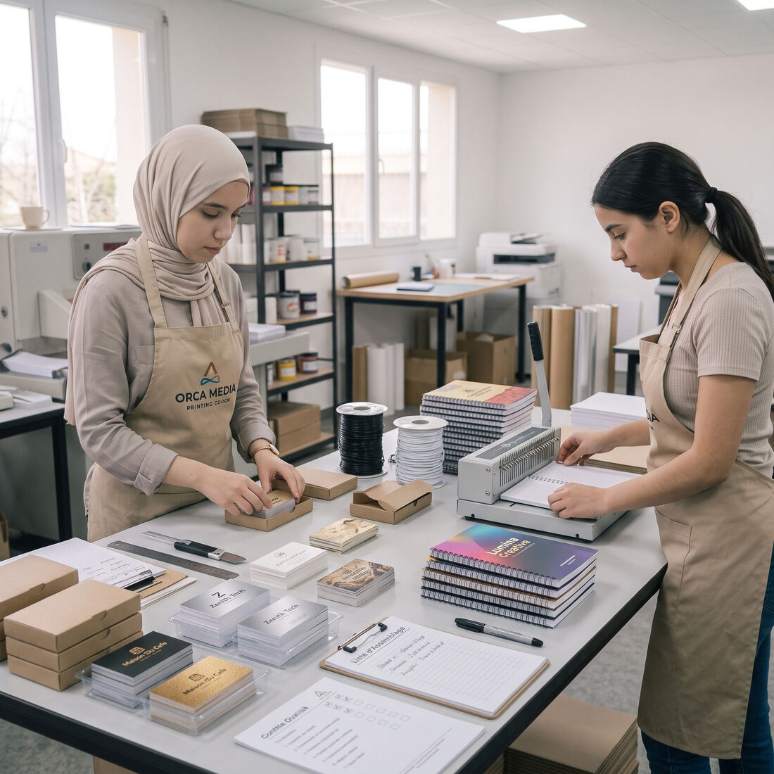Finition et conditionnement des commandes à l'atelier — Orca Media, imprimerie à Constantine, Algérie