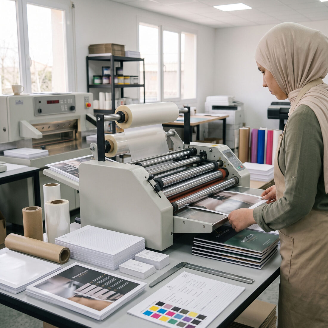 Pelliculage haute qualité de nos supports imprimés — Orca Media, imprimerie à Constantine, Algérie